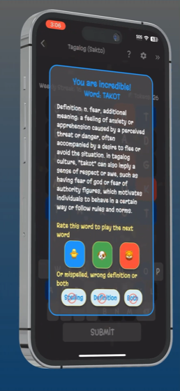 Wordelite gameplay on an iPhone, showing the answer TAKOT with its definition